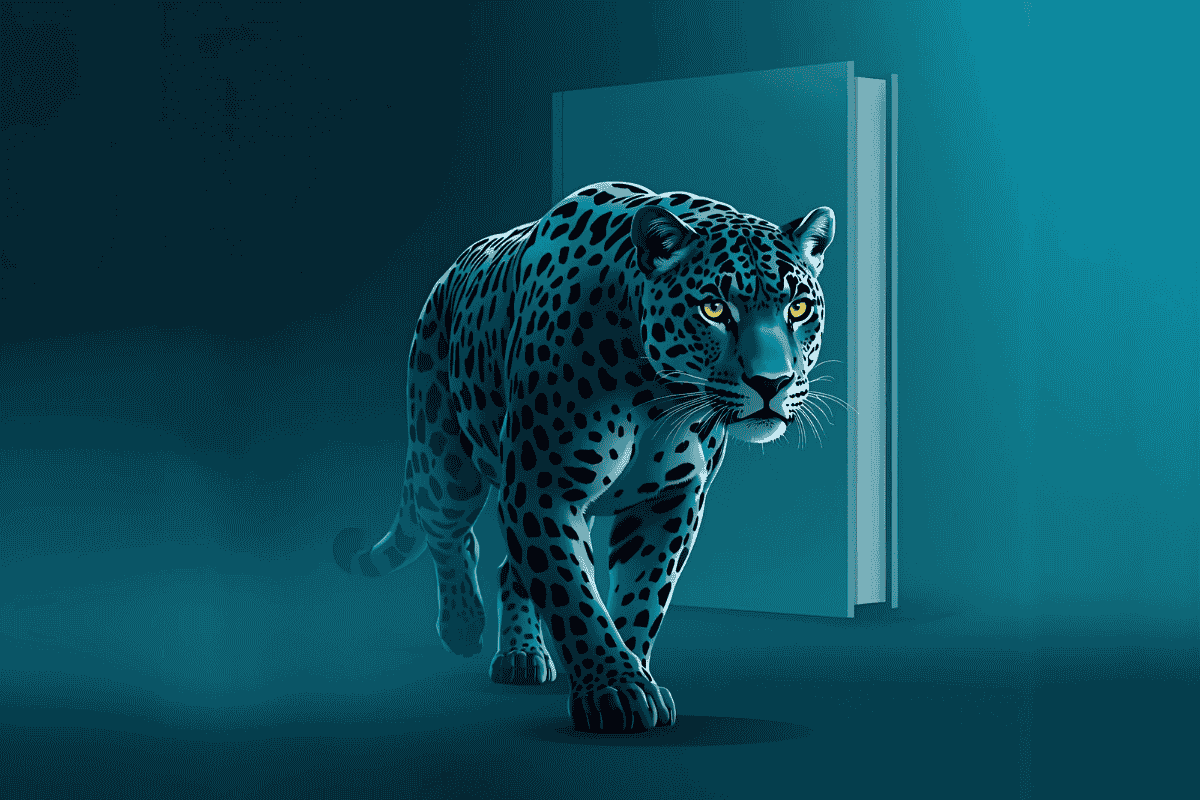 Create a realistic, jaguar illustration as a for a cybersecurity company website. Style The jaguar must look like this blue fur with black rosettes, turquoiseblue gradient tones, golden eyes, deta (4) Iso